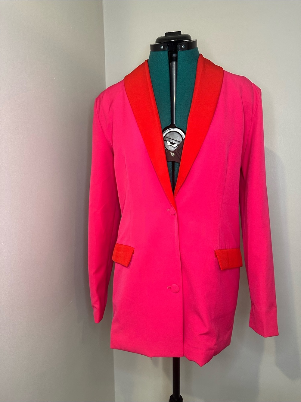 Hot Pink Women's Blazer with Red Contrast Shawl Collar